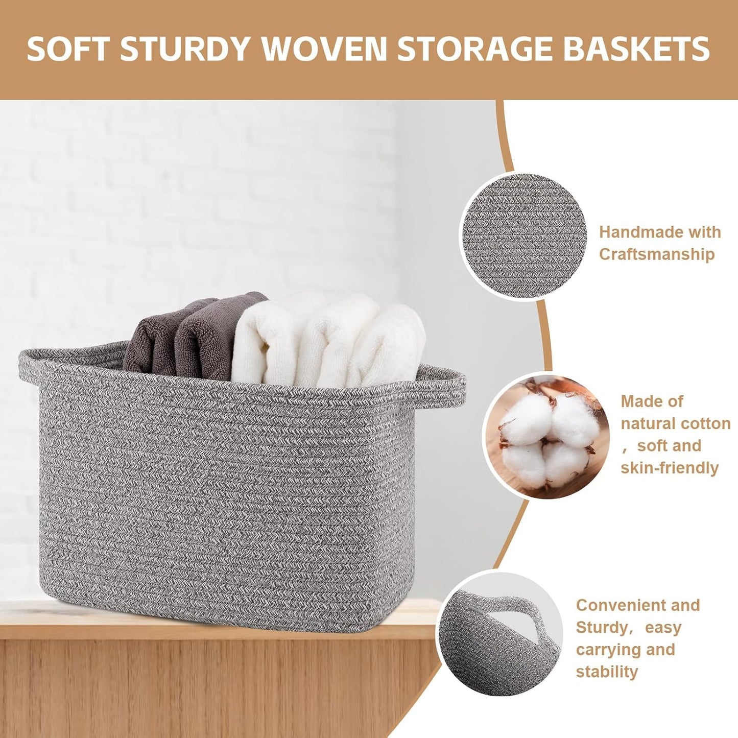 OIAHOMY Storage Basket, Woven Baskets for Storage, Cotton Rope Basket for toys,Towel Baskets for Bathroom - Pack of 3, Light Grey