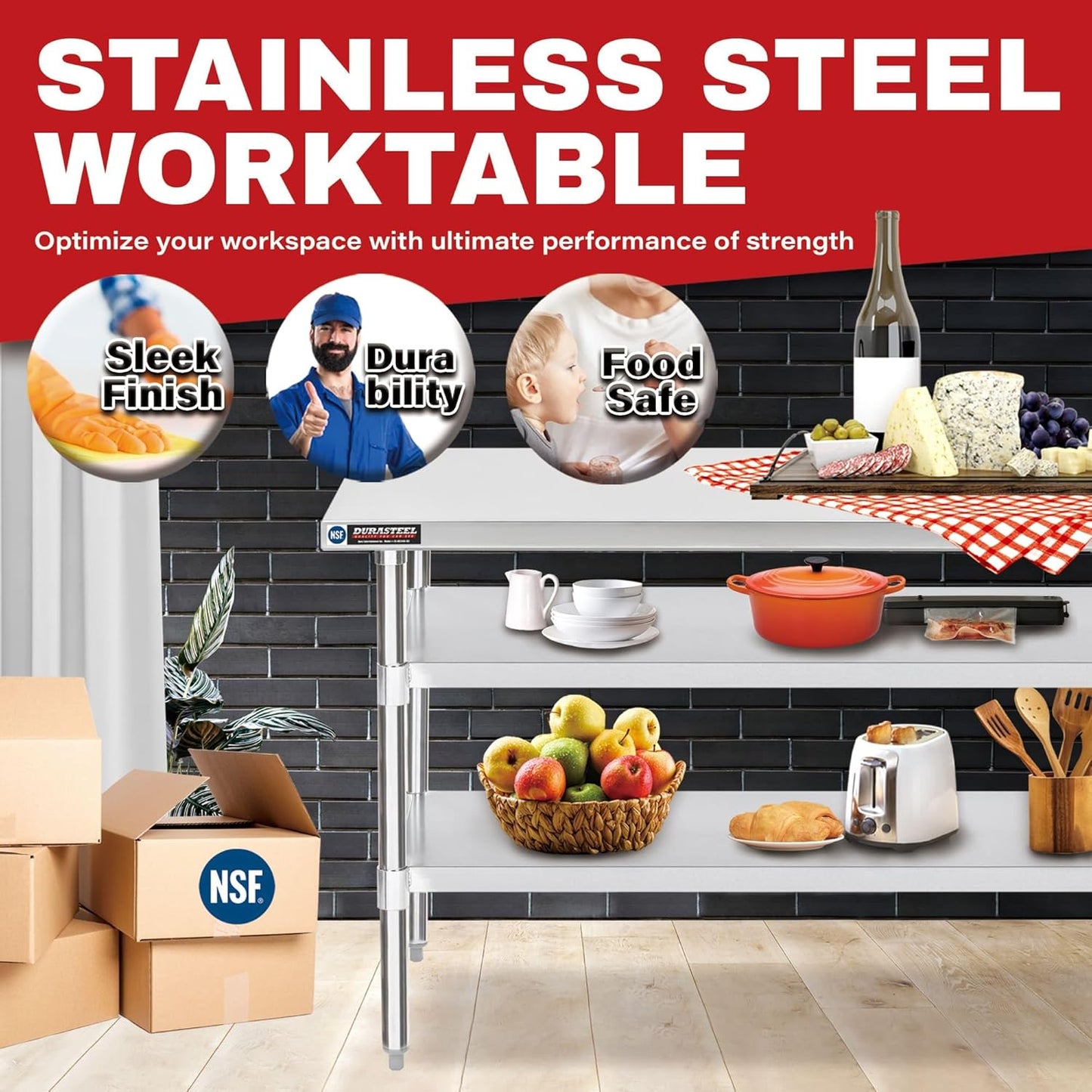 DuraSteel Food Prep Stainless Steel Table - 30 x 60 Inch Commercial Metal Workbench with Adjustable Under Shelf - NSF Certified - for Restaurant, Warehouse, Home, Kitchen, Garage