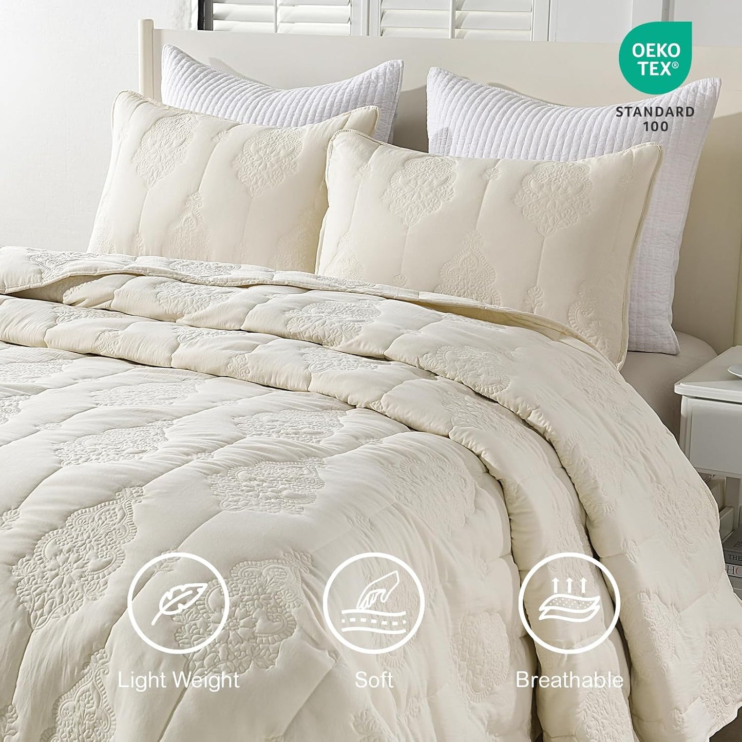 HORIMOTE HOME Ivory Quilt King Size Floral Quilt Bedspread Lightweight Soft Pre-Washed Microfiber Bedcover, 3 Pieces Thin Comforter Bed Cover Bedding Set for All Season