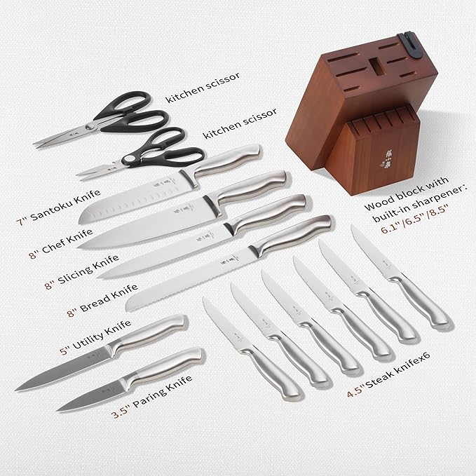 ZHANG XIAO QUAN SINCE 1628 15Pcs Knife Block Set,kitchen knife set with Built-in Sharpener Razor-Sharp High Carbon Stainless Steel Dishwasher Safe(Silver)