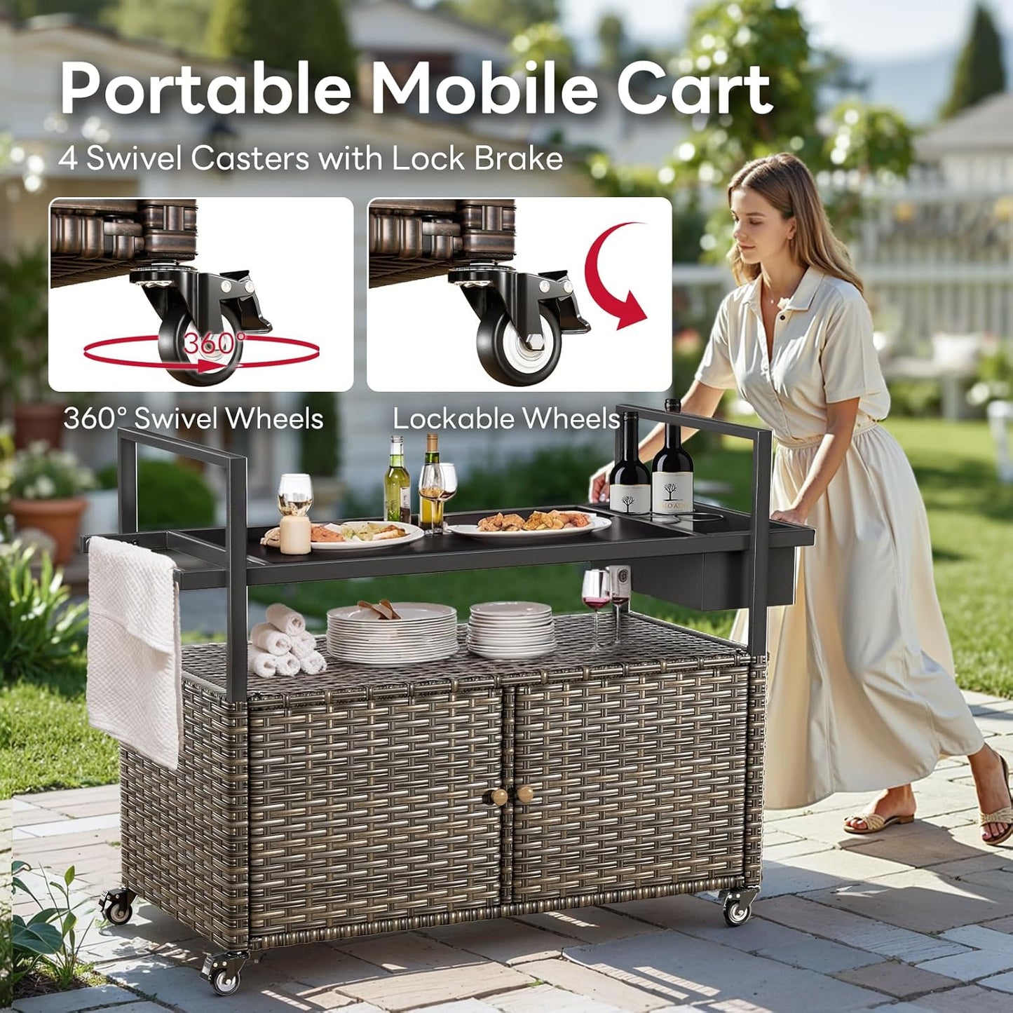 Outdoor Bar Cart with Storage Cabinet, Patio Bar Table with Tempered Glass Tabletop, Outdoor Serving Grill Cart with Rolling Wheels, Rattan Bar Cart for Patio, Backyard, Grey Wicker