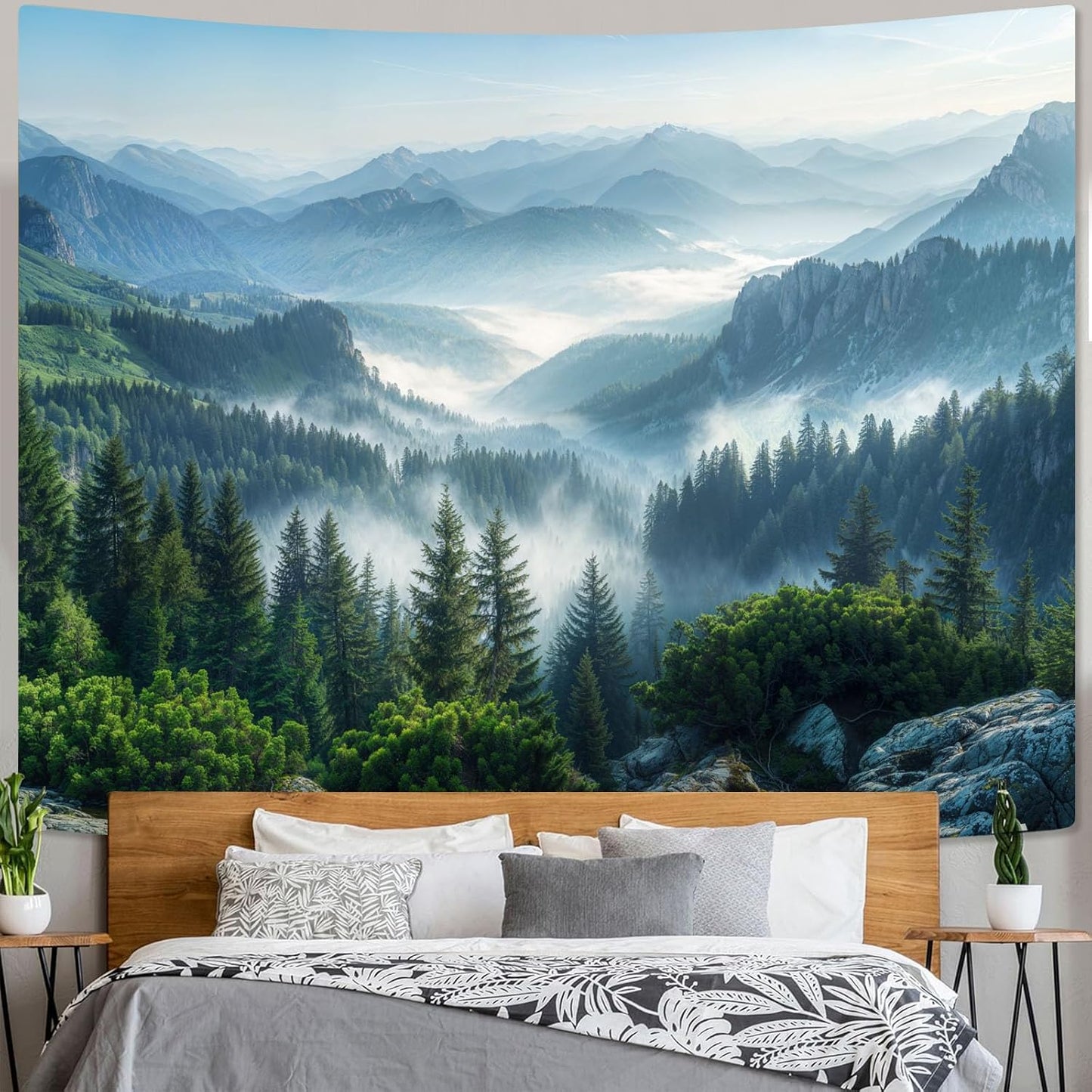 AMM Nature Forest Mountain Tapestry Green Misty Pine Tree Tapestry for Bedroom Aesthetic Foggy Woodlands Sky Landscape Tapestries Wall Hanging for Living Room Dorm 90 x 68 Inch