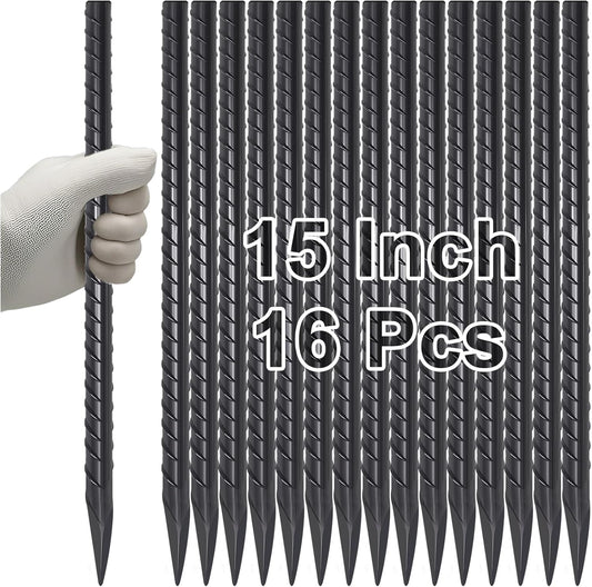 VVOKGO Rebar Stakes 15 Inches Ground Concrete Form Stakes (16pcs), 3/8" Diameter Straight Metal Spikes Heavy Duty with Chisel Point End, Steel Anchors for Fence, Concrete Timber, Garden Plants, Black