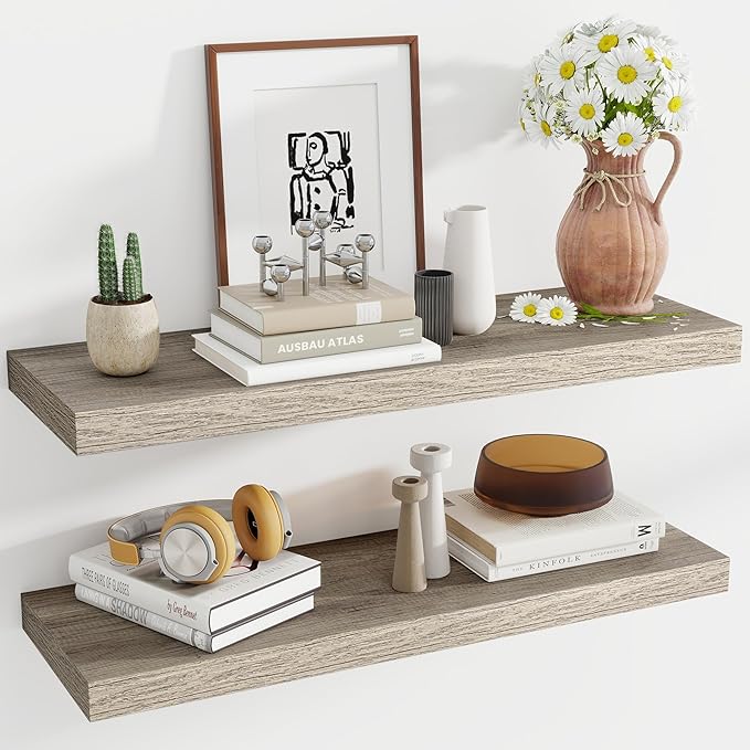 36 Inch Floating Shelves, 11.6 Inch Deep Floating Shelves for Wall, Floating Shelf with Invisible Brackets, Deep Shelves for Bathroom, Bedroom, Living Room, 2 Pack, Vintage Gray Oak
