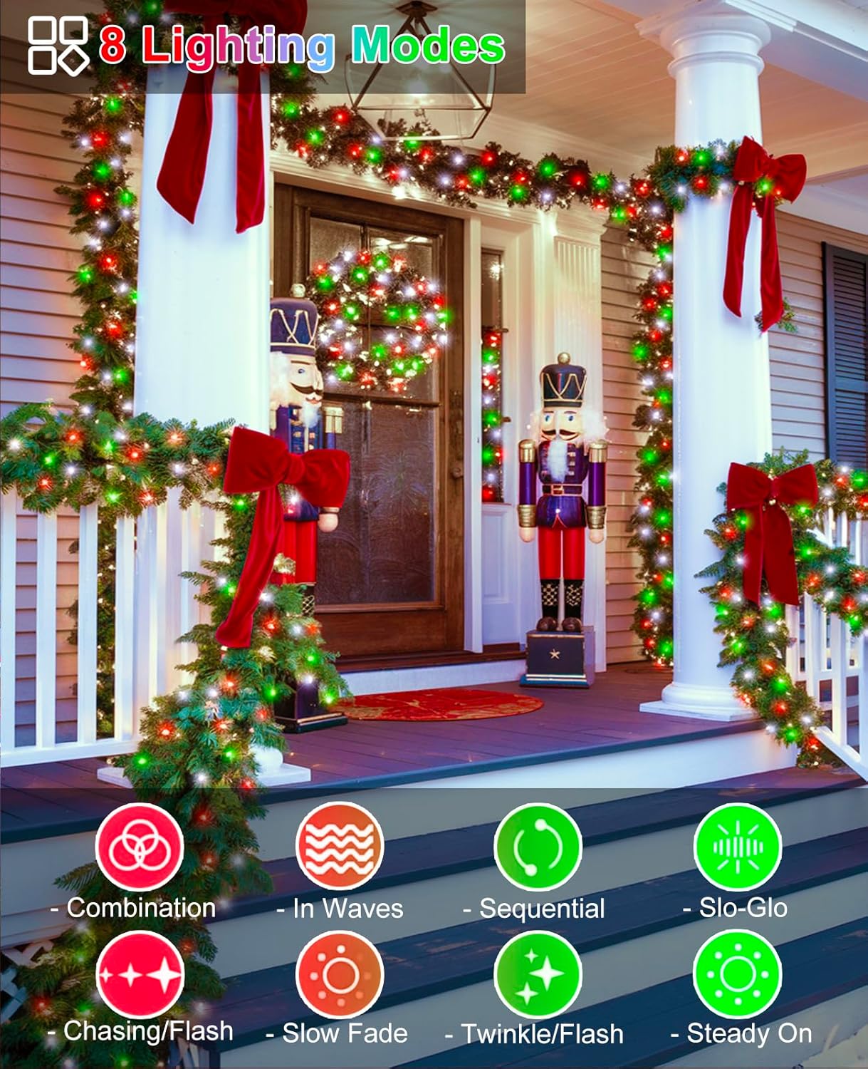 Christmas Lights Outdoor 40FT 120 LED, Green Wire Christmas Tree Lights with Waterproof, 8 Modes & Timer, Connectable String Twinkle Light for Indoor Yard Party Holiday Decorations, Red White Green