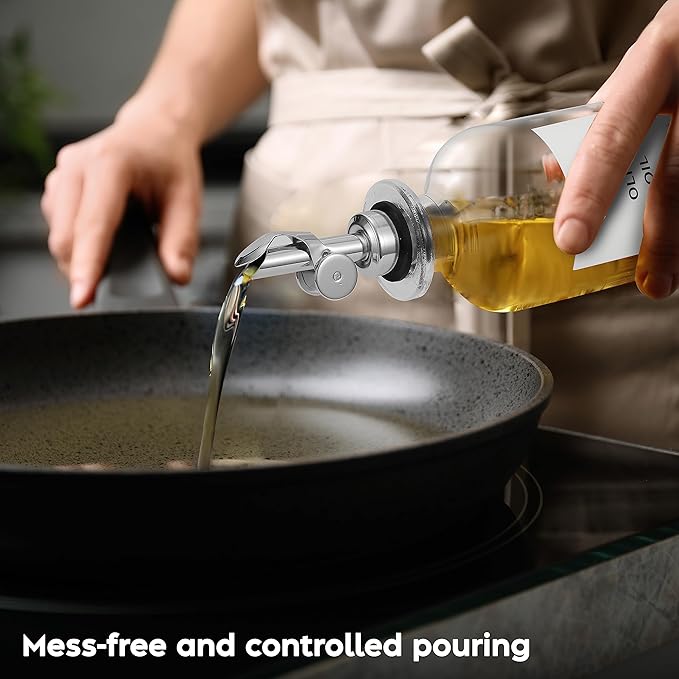 Olive Oil Dispenser Bottle - Includes 55 Kitchen Essential Labels - Cooking Oil Bottles for Kitchen, Coffee Syrup Dispenser - Pourer Spout with 16.9 fl oz Glass Container Cruet - 2pcs Silver