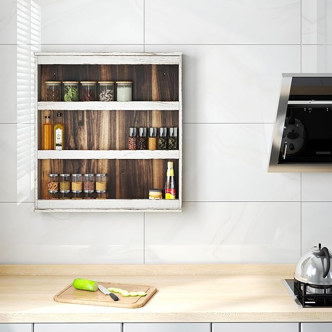 Nisorpa 3 Tier Spice Rack Wall Mount, Rustic Burnt Wood Wall Hanging Spice Rack Kitchen Spice Shelf Organizer for Seasoning Jars or Condiment Bottles, 19.68 x 3.35 x 21.25 Inches
