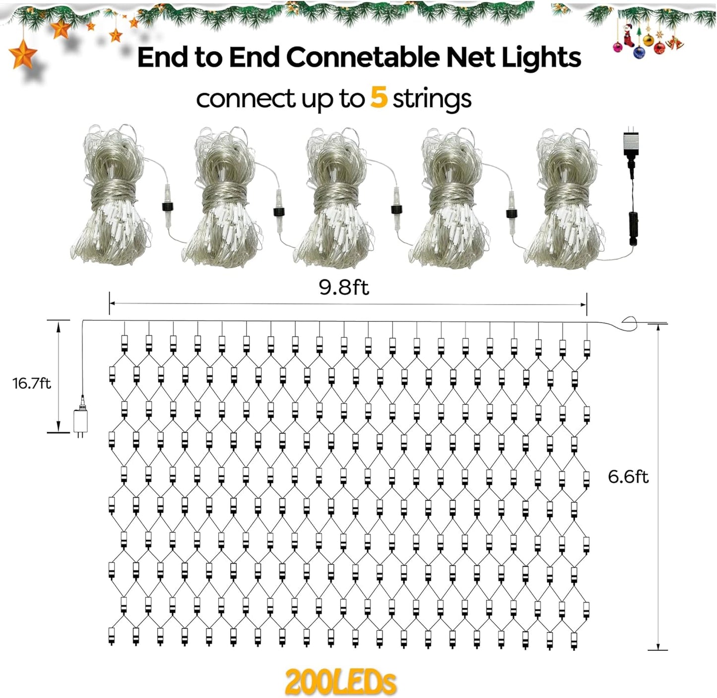 WBao Christmas Lights, 200LED 9.8ft x 6.6ft Christmas Bush Lights, 8 Modes, Timer, End to End Connectable, Waterproof Design for Lawn, Bush, Tree Outdoor Xmas Decorations, Red Green (Clear Wire)