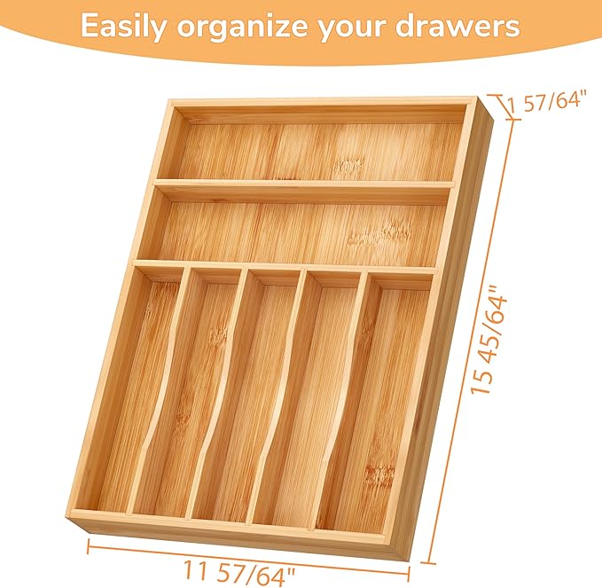 BAMEOS Bamboo Silverware Drawer Organizers, 11.9 inch Utensil Drawer Organizer for Kitchen Drawers, 7 Slots Total Large Flatware Organizer for Knives Cutlery Spoons Forks (Natural)