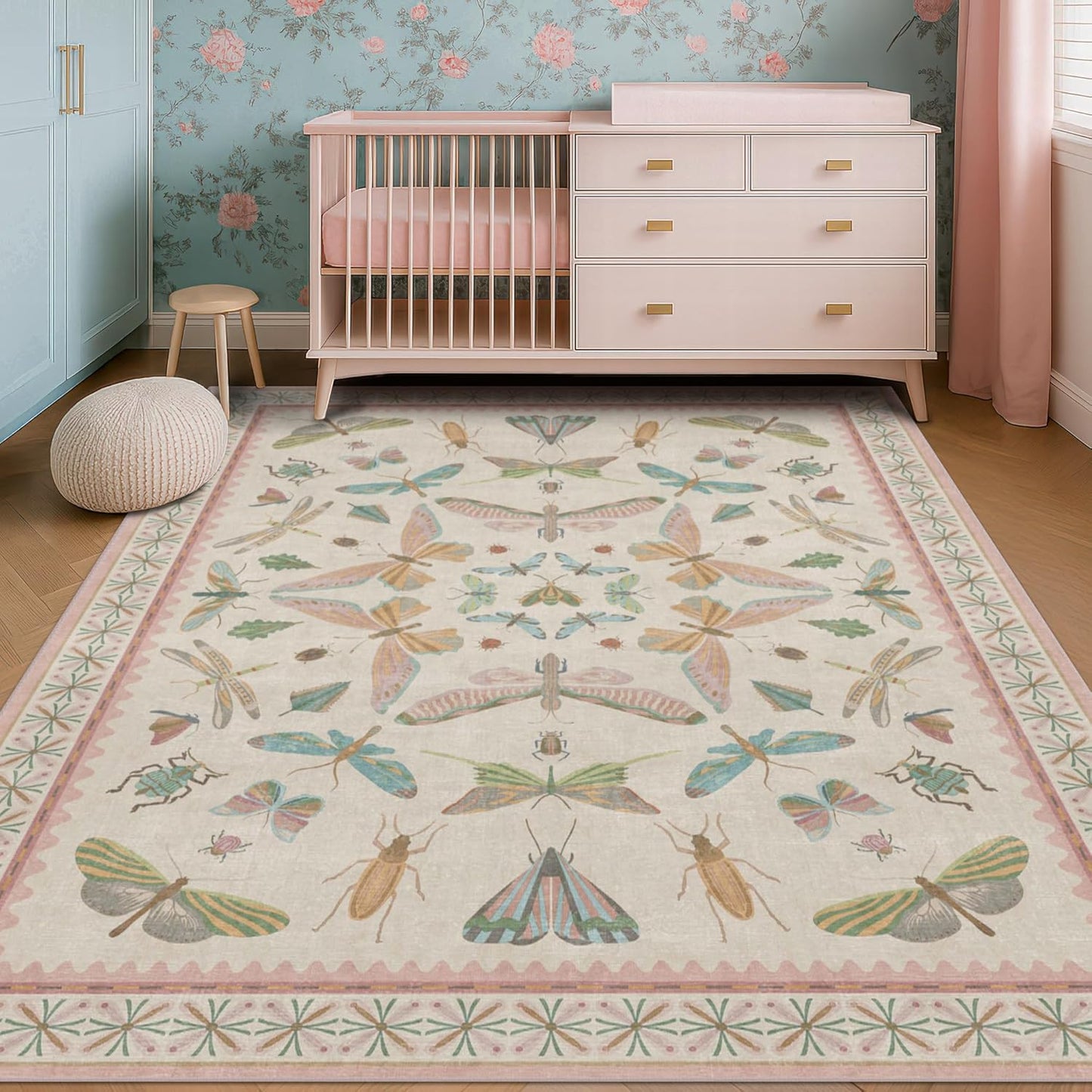 Light Pink Nursery Rug for Baby, Cute 5x7 Area Rugs for Girls Bedroom, Kids Room, Playroom, Whimsical Insect Butterfly Animal Print Decor, Washable & Ultra Soft & Stain Resistant
