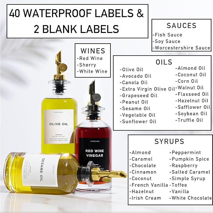 Olive Oil Dispenser Bottle For Kitchen With Silicone Tray & 40 Labels, Soy Sauce Dispenser, Coffee Syrup Dispenser, Olive Oil Bottles Set Of 2, Gold