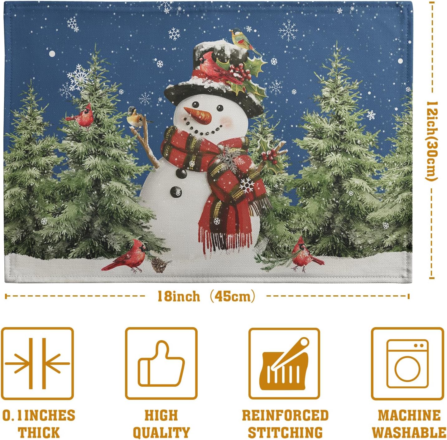 Blue Snowman Christmas Placemats Set of 4 Xmas Tree Cardinal Snowflakes Linen Table Mats Seasonal Winter Holiday Place Mats Washable Placemat for Party Kitchen Dining Outdoor Indoor Decor