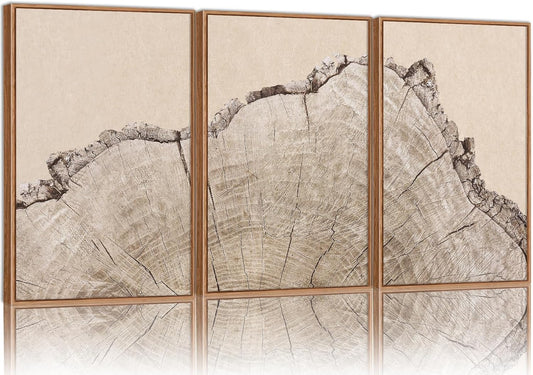 SIGNINART Large Tree Ring Framed Canvas Wall Art Set, Rustic Beige Nature Wooden Wall Decor, Neutral Wood Stump Artwork, Modern Art Prints for Bedroom Living Room Office 16"x24"x3