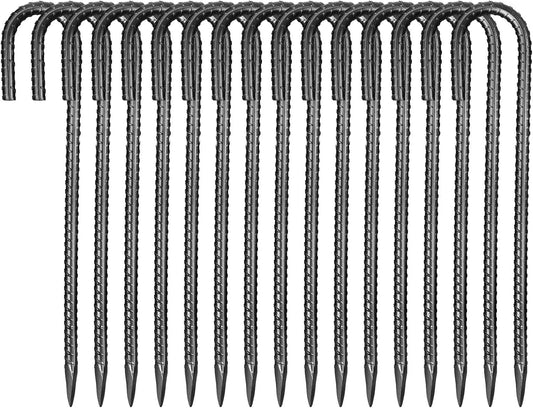 VEVOR Rebar Stakes, 16-Inch, Heavy-Duty 0.4 in Diameter J Hook, Galvanized Steel Ground Anchors with Chisel Point End & Rust-Resistant Coating, for Gardening Support, Fence, Camping Tents (16-Pack)