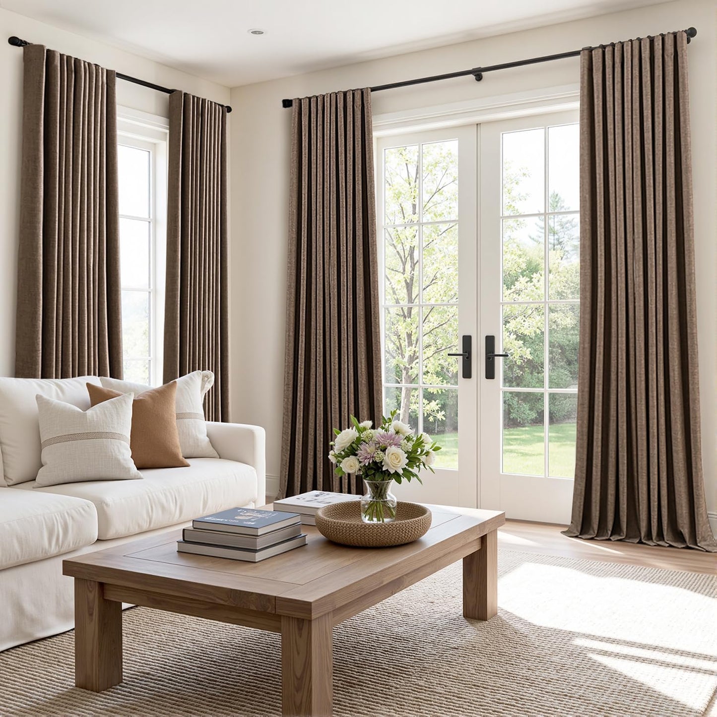 MIULEE 100% Blackout Curtains 108 Inch Long 2 Panels Set for Bedroom, Thick Faux Linen Black Out Curtain Room Darkening Back Tab Pleat Window Textured Drapes with Hooks for Living Room, Dutch Cocoa