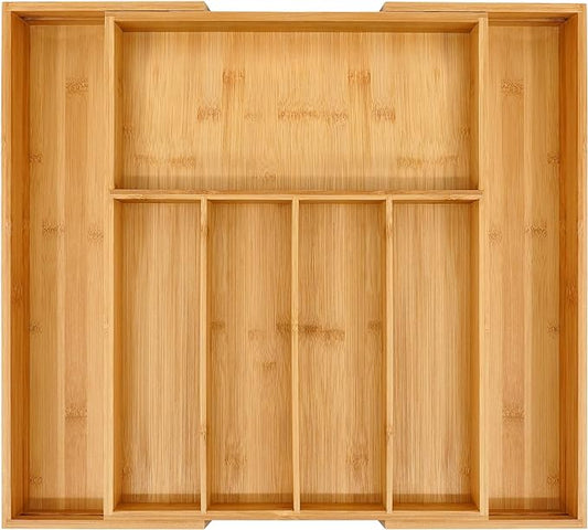VaeFae Premium Bamboo Drawer Organizer, Expandable Silverware Drawer Organizer, Cutlery Tray with Dividers for Kitchen Utensils (Natural, Large)