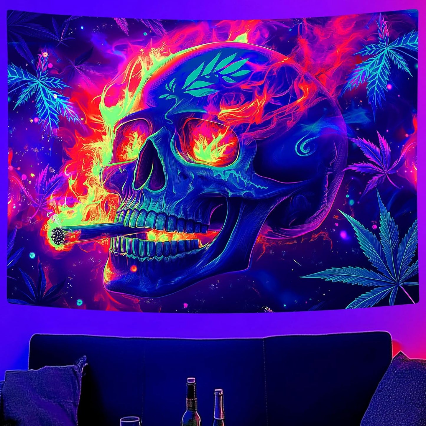 Blacklight Skeleton Tapestry, Glowing Skull UV Reactive Gothic Wall Hanging Tapestries, Glow in the Dark Grim Reaper Magic Horror Face Halloween Poster Tapestry for Bedroom Living Room Decor 80X60IN
