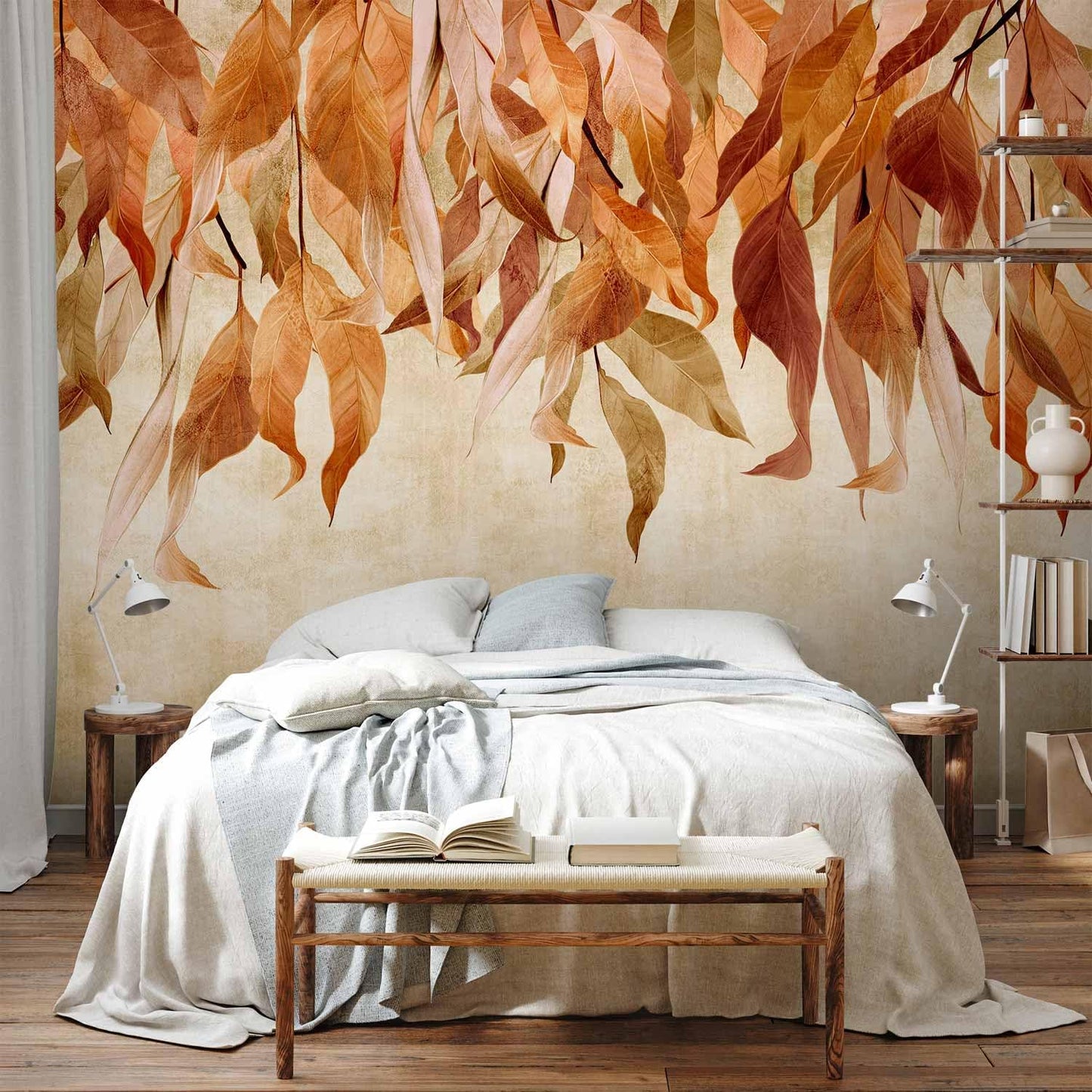 artgeist Wall Mural Hanging Leaves 116x83 in - Peel and Stick Self-Adhesive Wallpaper Removable Large Sticker Foil Wall Decor Print Picture Design Nature Botanical Concrete Orange b-C-10146-a-c