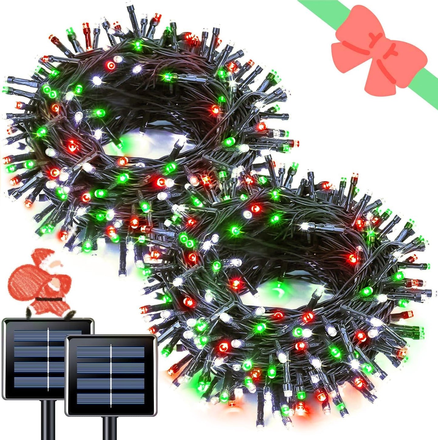 JMEXSUSS Red White and Green Christmas Lights, 2 Pack 100 LED 33 FT Solar Christmas Lights Outdoor Waterproof, Outdoor Solar String Lights for Outside Garden Yard Christmas Tree Decor