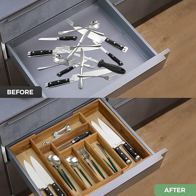 VaeFae Teak Drawer Organizer, Large Silverware Organizer, Expandable Utensil Organizer for Kitchen Drawer, Wooden Cutlery Tray Drawer Dividers Organizer