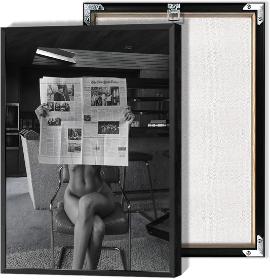 Sexy Glamorous Reader Poster Feminist Art Black and White Preppy Canvas wall art Retro Room Aesthetic Newspaper prints painting Trendy Naked Women Art wall decor 24x36in Framed