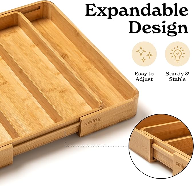 SMIRLY Silverware Drawer Organizer – Bamboo Kitchen Drawer Organizer, Adjustable Utensil Holder and Cutlery Tray, Drawer Dividers for Flatware and Kitchen Utensils