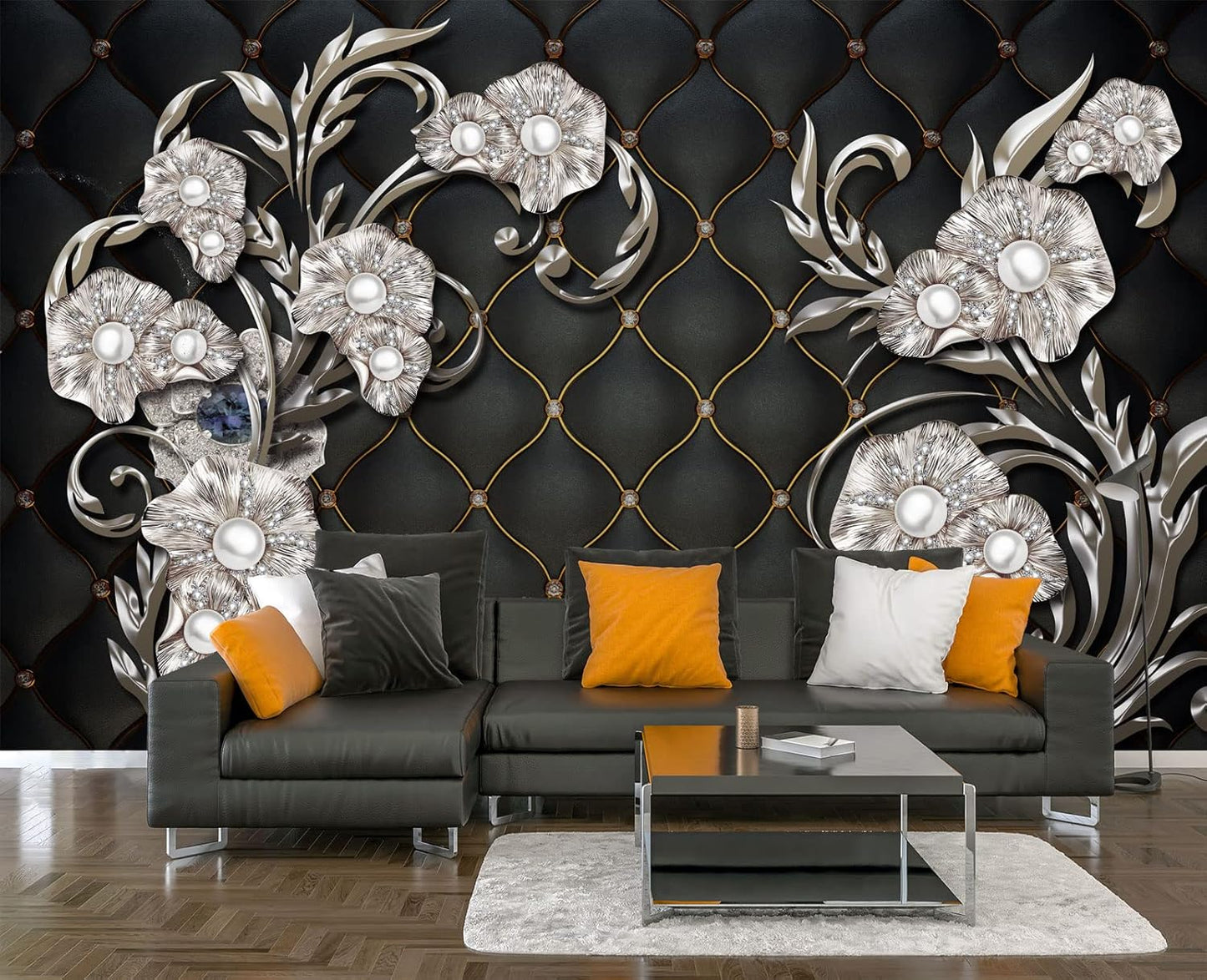 Black Hard Wrapped Pearl Embossed Flowers Wall Mural Wallpaper for Bedroom 137" x 100"