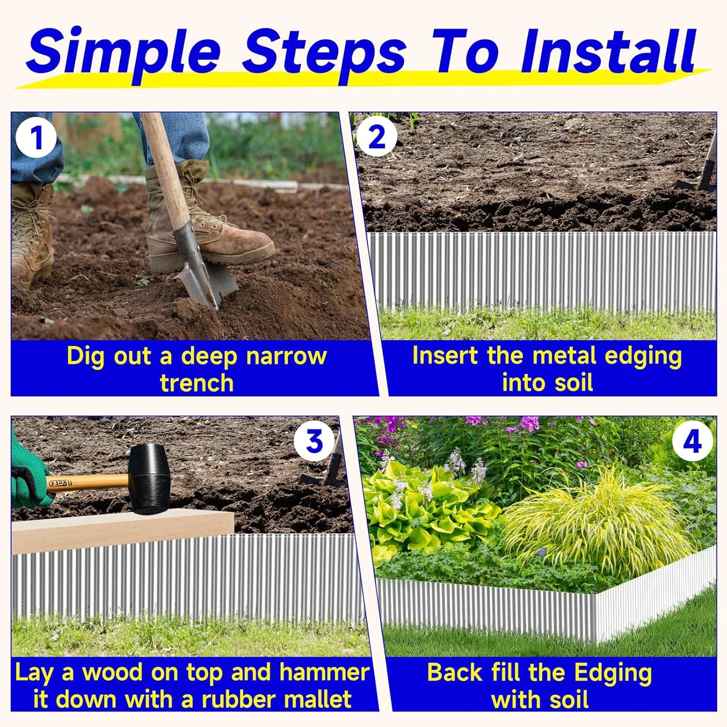 Corrugated Garden Edging, 12"×10Ft Galvanized Steel Landscape Edging & Lawn Edging Border, Metal Garden Border for Flower Beds, Garden，Lawn，Raised Beds & Tree Surrounds (Silver)