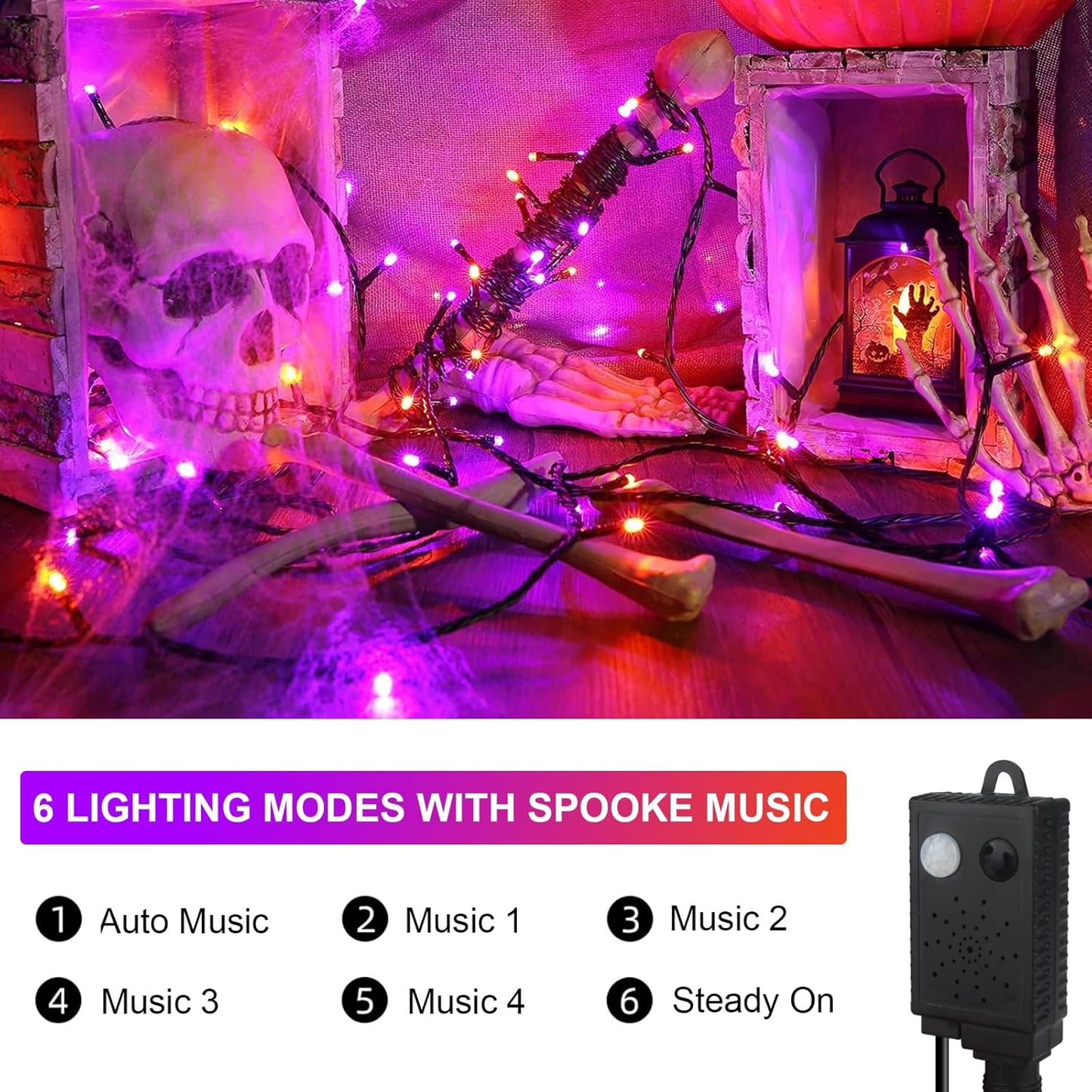 XTF2015 Halloween Lights, 105FT 300 LED Halloween String Lights with Spooky Music Motion Sensor Controller Twinkle Waterproof Purple Orange Light Plug in for Indoor Outdoor Tree Party Yard Room Decor