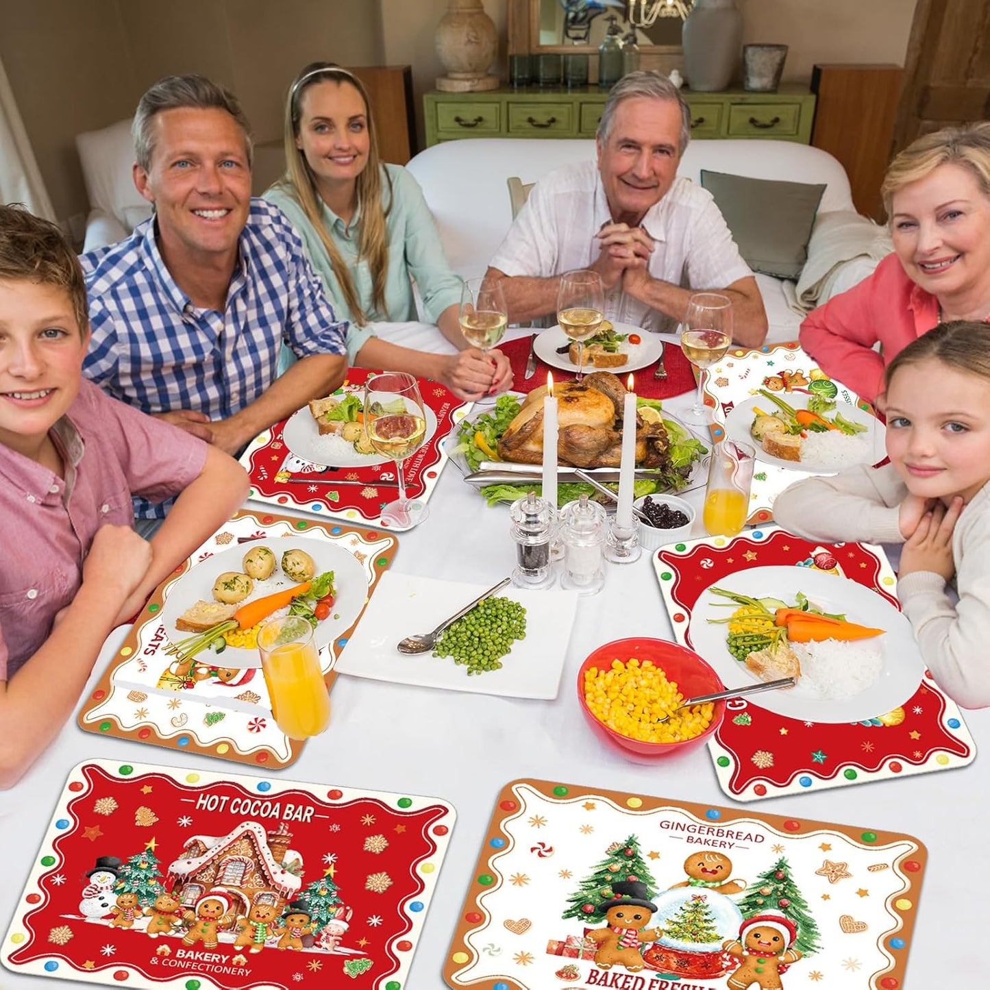 Christmas Placemats Set of 6 Christmas Retro Gingerbread Plastic Table Mats Xmas Bakery Gingerbread House Place Mats Winter Holiday Table Decoration for Indoor Outdoor Party Kitchen Dining