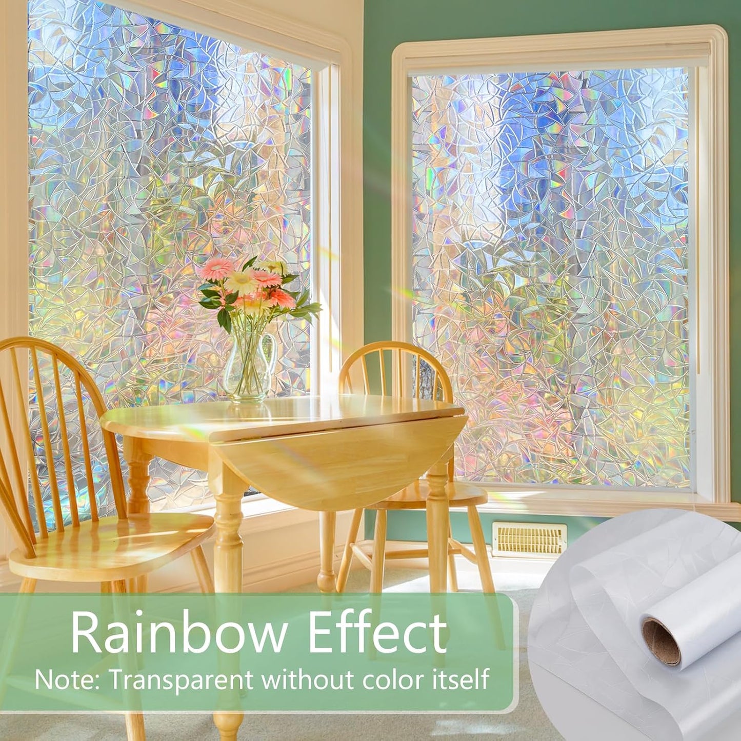 HIDBEA Window Privacy Film Static Clings, Rainbow Window Film, 3D Decals Non-Adhesive Window Vinyl Film for Home Door, 29.5 Inch x 6.5 Feet