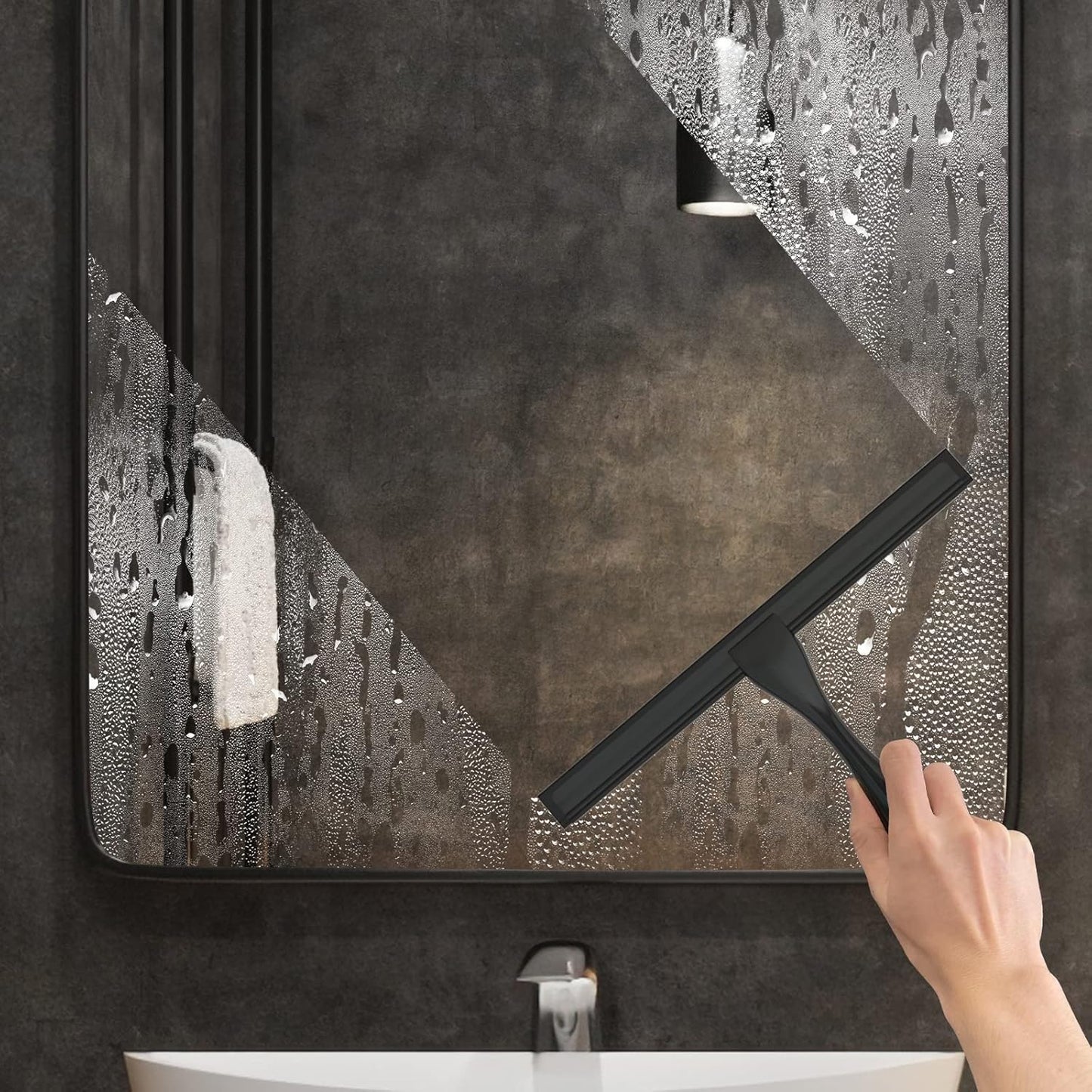 All-Purpose Stainless Steel Shower Squeegee for Shower Doors with 2 Adhesive Hooks, Bathroom Cleaner Tool Household Window Mirror Squeegee for Home Cleaning, Glass Door, Tile Wall, Car, 10 Inch Black