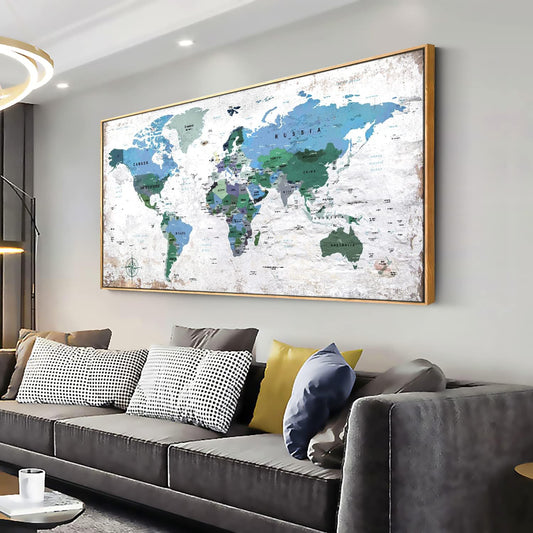 Framed Wall Art World Map Wall Art Canvas Picture 20inchx40inch Large Blue Map of The World Canvas Painting Artwork Prints for Office Wall Decor Home Living Room Decorations Framed Ready to Hang