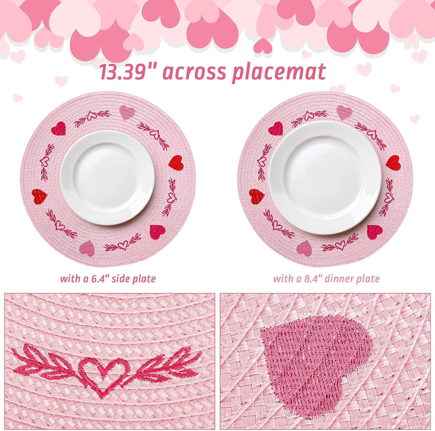Whaline 4Pcs Round Valentine Placemats Red Pink Heart Embroidered Place Mats Decorative Dinner Table Mats for Home Wedding Anniversary Party Decor