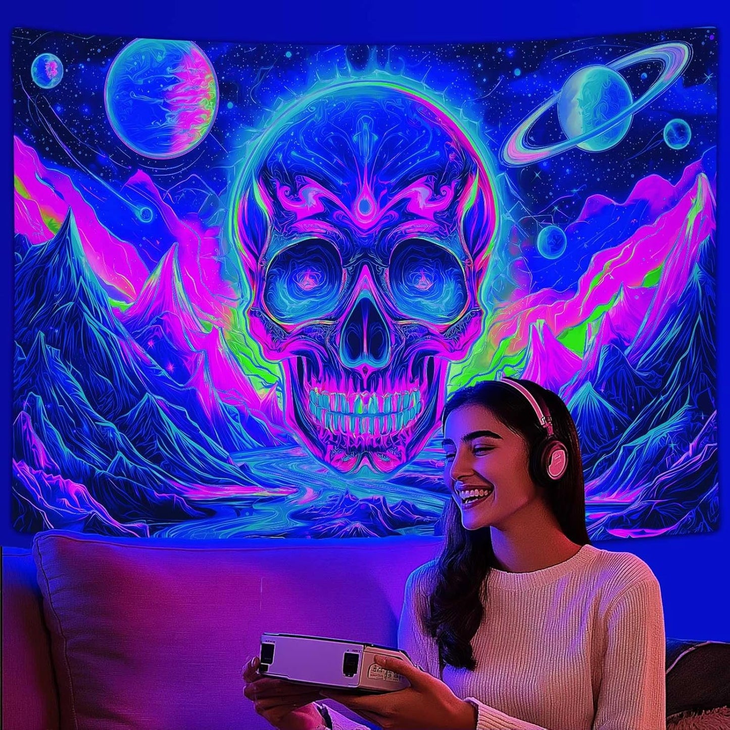 Blacklight Skull Tapestry, UV Reactive Gothic Skeleton Mountain Galaxy Planet Wall Hanging Tapestries, Glow in the Dark Horror Face Halloween Aesthetic Poster for Bedroom Living Room Decor 40X30IN
