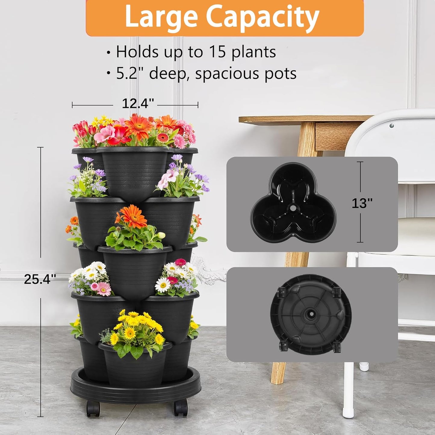 VECELO 5 Tier Vertical Garden Planter, Self Watering Stackable Planters with Wheels for Strawberries, Herbs, Flowers, Vegetables, Dark Gray