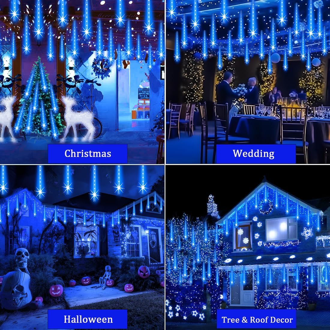 Outdoor Christmas Lights Meteor Shower Lights UL Certified 8 Tubes 192 LED Snow Falling Rain Drop Light Dripping Icicle String Light for Christmas Tree Decorations Xmas Wedding Party, Blue