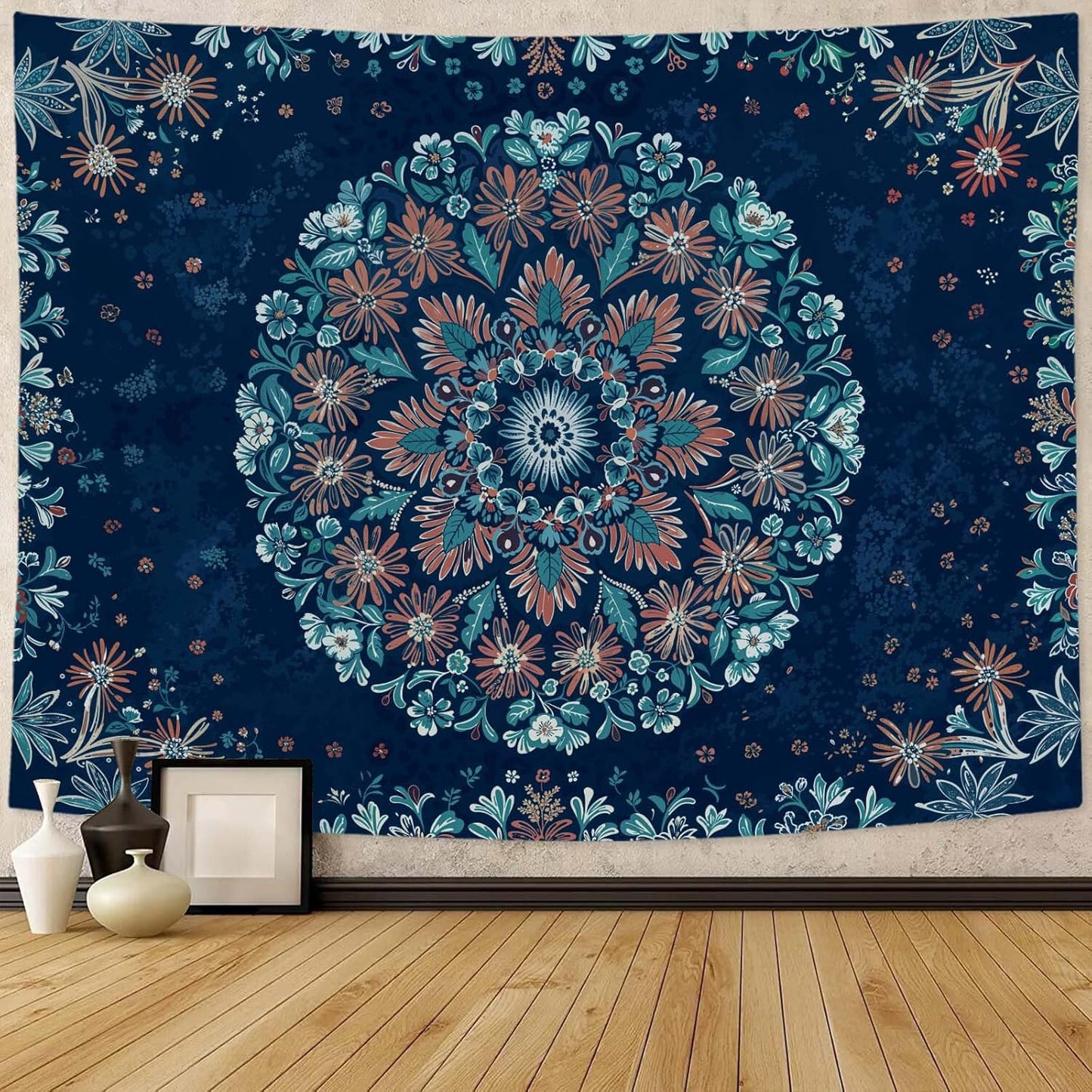 Fowocu Boho Floral Mandala Tapestry Wall Hanging Blue Bohemian Flower Medallion Tapestry Aesthetic Vintage Navy Hippie Indian Small Tapestries for Bedroom Living Room Dorm Decor 48 x 36 Inch