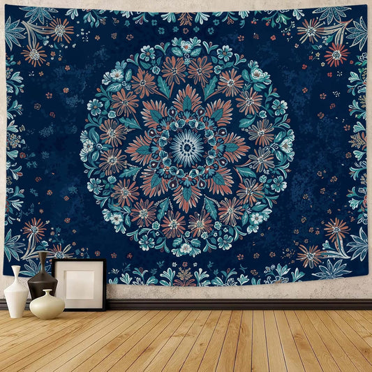 Fowocu Boho Floral Mandala Tapestry Wall Hanging Blue Bohemian Flower Medallion Tapestry Aesthetic Vintage Navy Hippie Indian Small Tapestries for Bedroom Living Room Dorm Decor 48 x 36 Inch