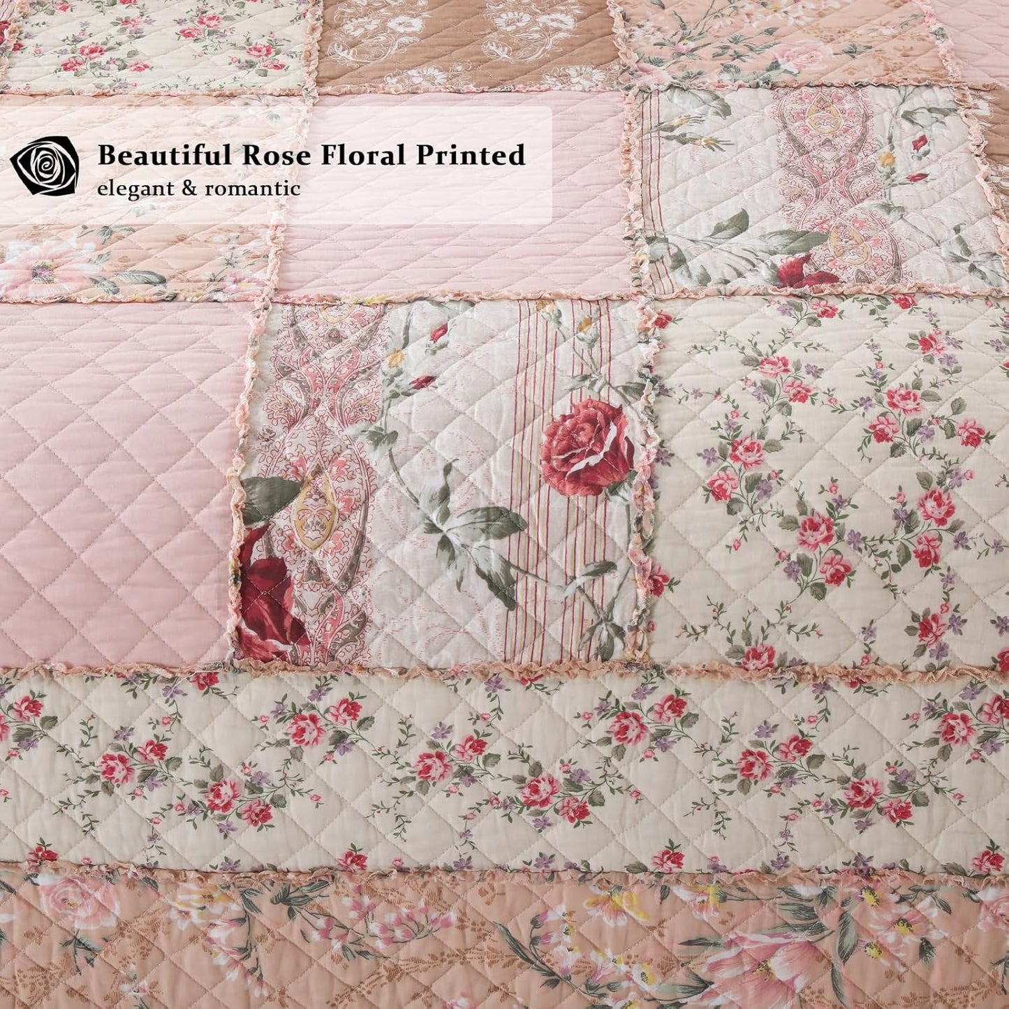 Yvooxny Quilts Queen Size Patchwork Pink Floral Quilt Set Vintage Shabby Chic Botanical Floral Quilted Bedspread 3-Piece Quilt Set with Ruffle for All Seasons, Queen Size, 98 * 90 Inches