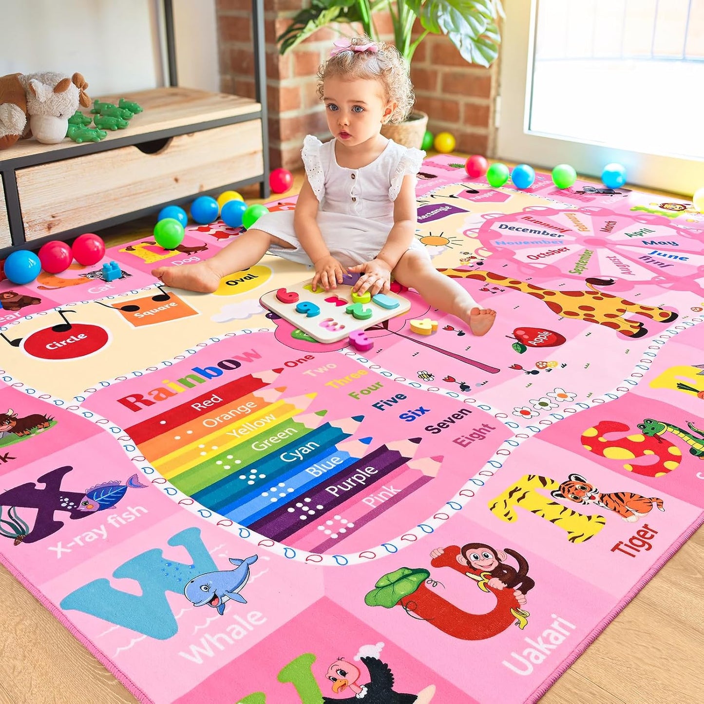 Kids Rugs for Playroom Bedroom Classroom Nursery, Non-Slip and Washable Rugs for Children Toddlers Girls, Educational and Fun Rug Carpets with ABC Alphabet Animals Shapes, 6x9, Pink