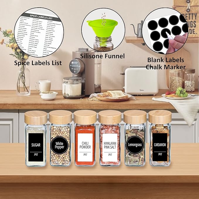 Churboro 48 Spice Jars with Labels- Spice Jars with Bamboo Lids - 4 Oz Glass Spice Containers with Shaker Lids, 547 Spice Labels of 3 Different Types Seasoning Jars for Spice Rack, Cabinet, or Drawer