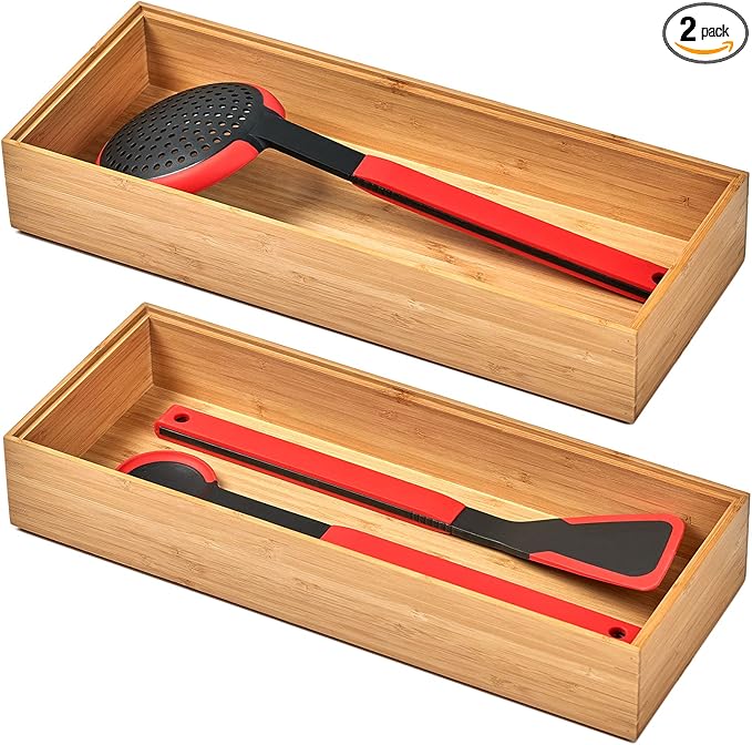 Umilife Bamboo Kitchen Drawer Organizer Boxes with Anti-Skid Silicone Feet, 2pcs Stackable Storage Bins for Kitchen Utensils & Silverware & Desk Drawer & Makeup, Tools Holder, 15”L x 6”W x 2.5”D Each