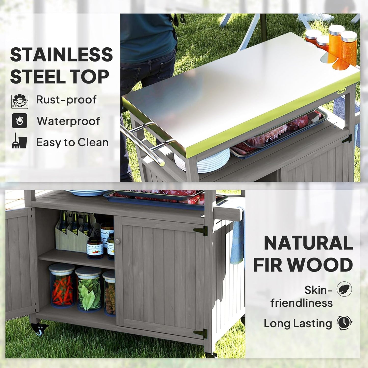 Outsunny Outdoor Grill Cart with Wheels and Storage, Solid Wood Outdoor Kitchen Island with Stainless Steel Top, Movable Bar Cart with Spice Rack, Side Handle, Integrated Hole for BBQ, Gray