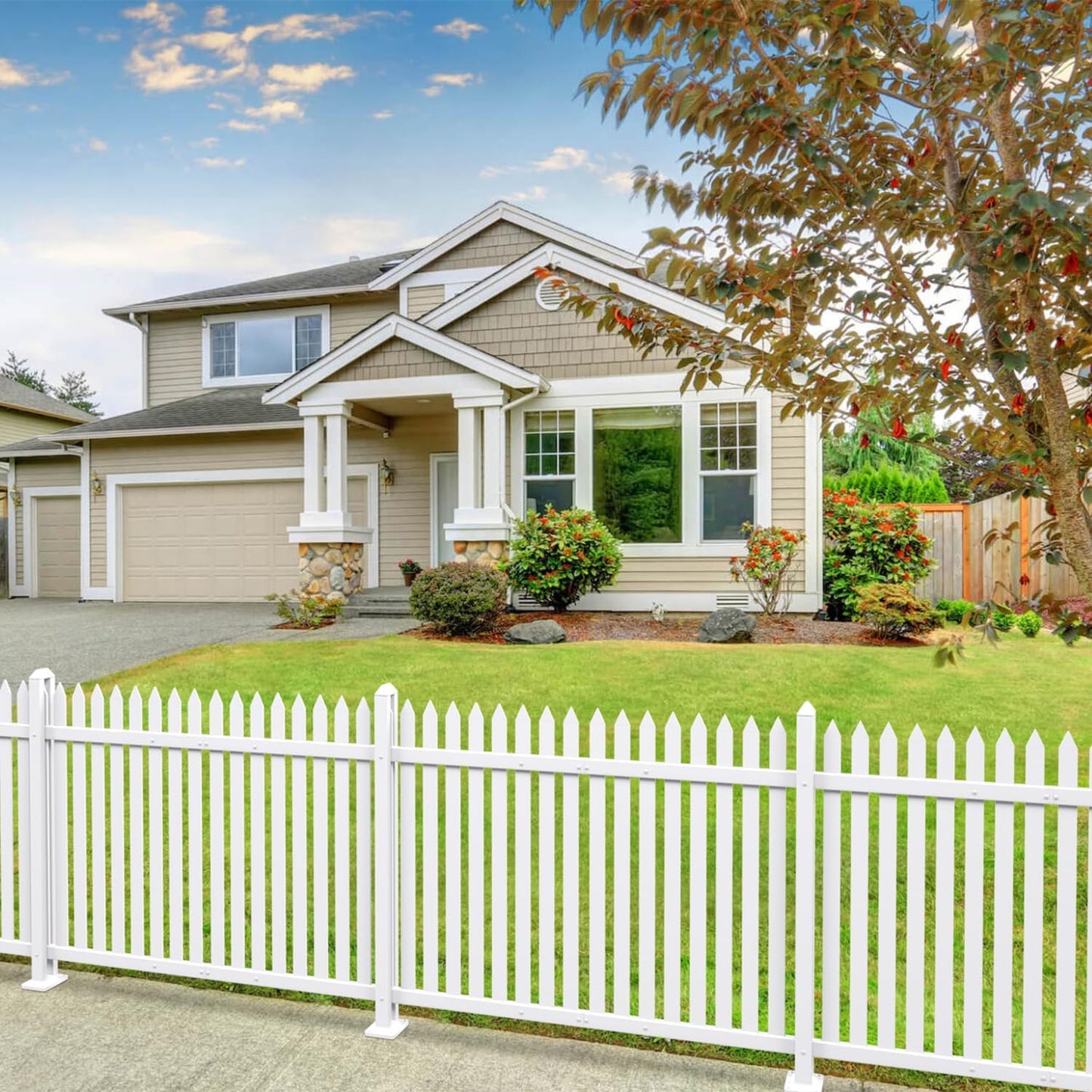 Patio 4 Sets Vinyl Picket Fence Panels 30" H x 84" W White PVC Decorative Fence for Front Yard Porch Patio Deck Pool Air Conditioner Fence Safety Dog Fence (34 Pickets, Straight)