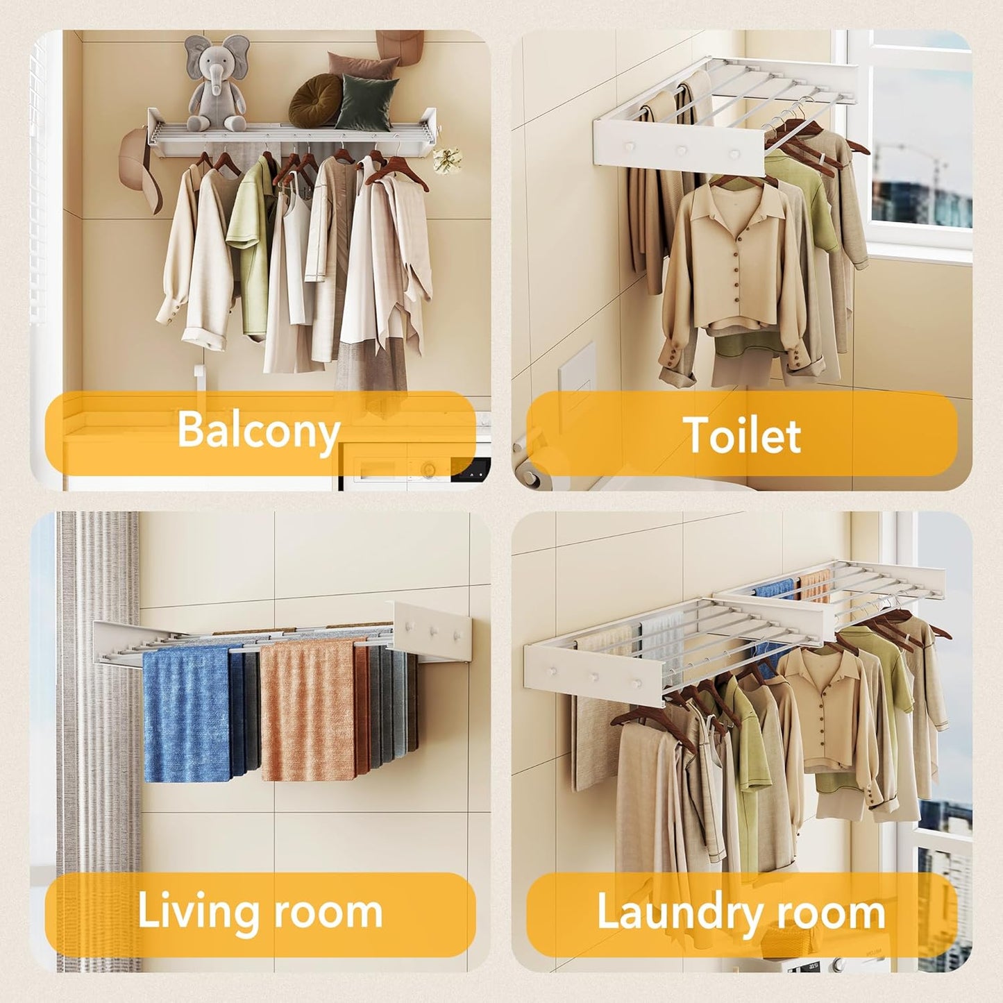 Upgrade Drying Rack Clothing,Clothes Drying Rack Wall Mounted,Laundry Drying Rack Wall Mount,Foldable,Collapsible,Retractable,6 Aluminium Poles,with Hooks,(White 35.5"