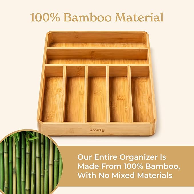SMIRLY Silverware Drawer Organizer – Bamboo Kitchen Drawer Organizer, Adjustable Utensil Holder and Cutlery Tray, Drawer Dividers for Flatware and Kitchen Utensils
