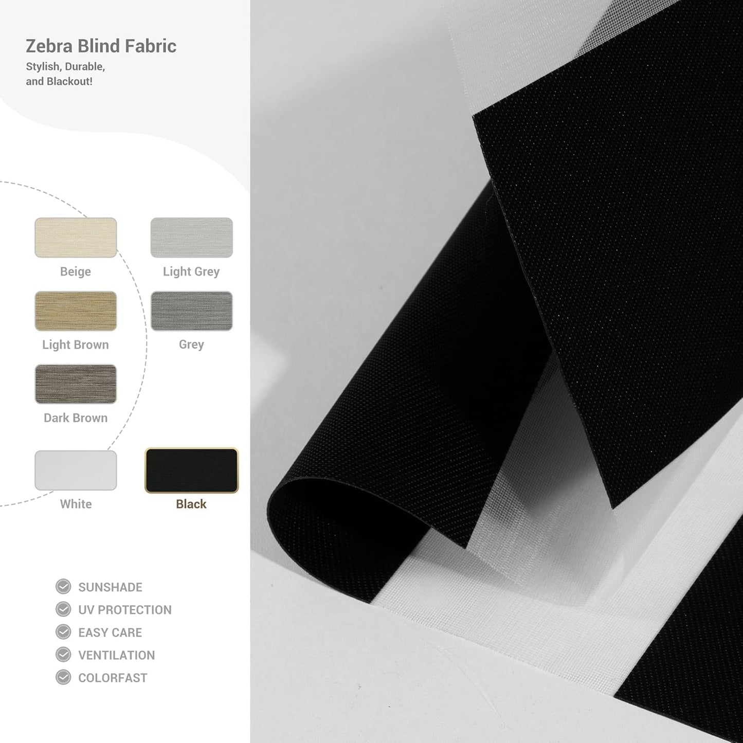 Cordless Zebra Blinds for Windows, Blackout Interior Blinds,Easy to Install,UV Protection,for Offices and Home,Custom Roller Shades, Solid Black, 58" W x 88" H