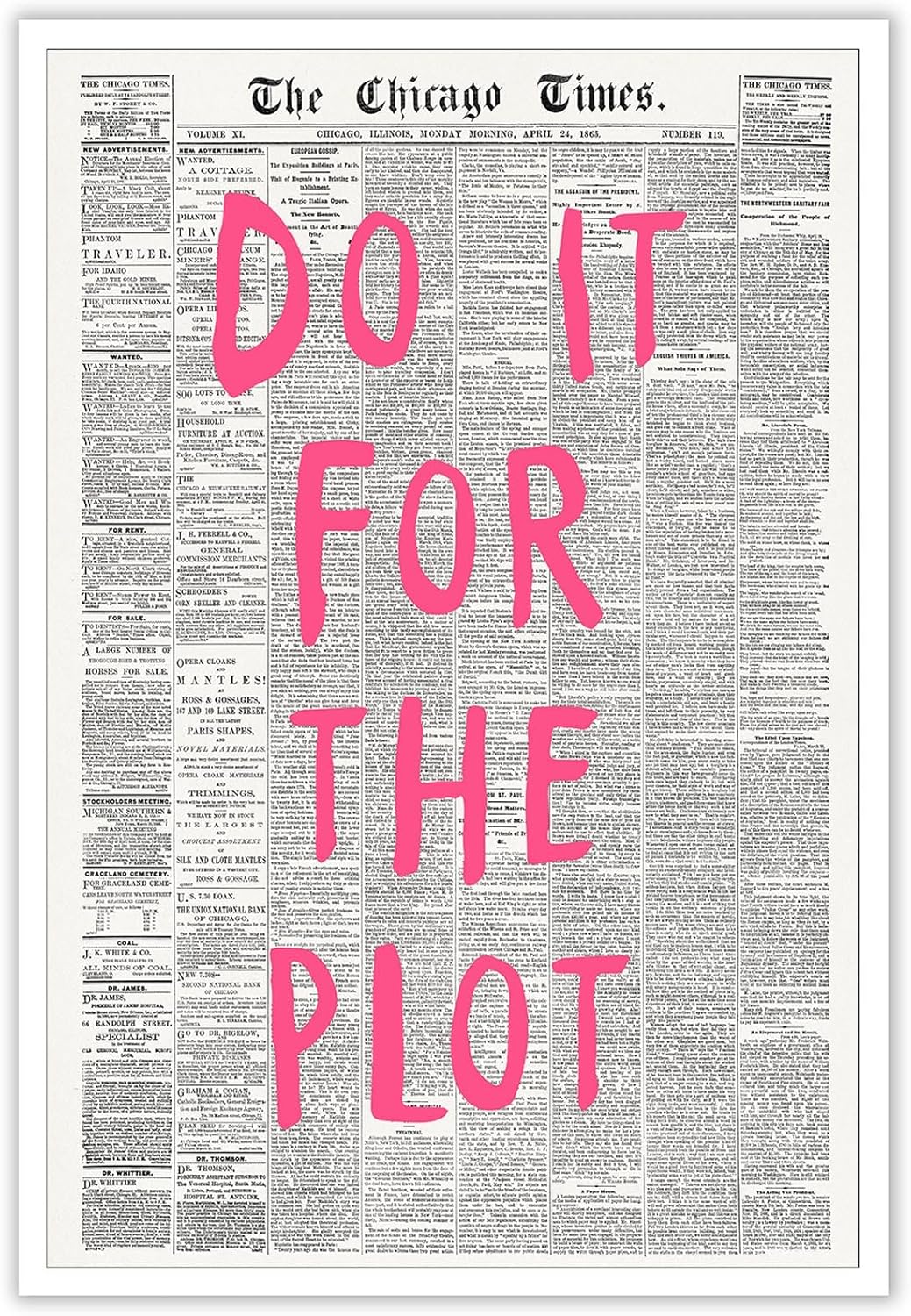Liyark Retro Black And White Chicago Newspaper Poster Pink Trendy Preppy Apartment Art Motivational Affirmation Do It For The Plot Prints For Home Bedroom Living Room Wall Decor 12x16in Unframed
