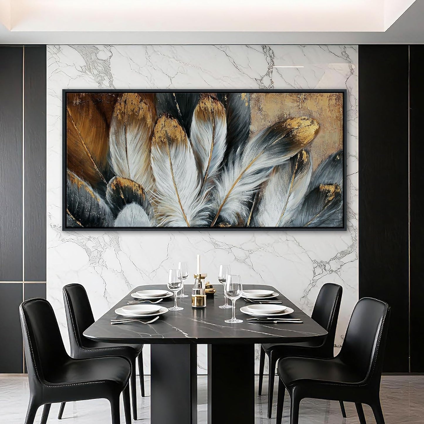 Mofutinpo Framed Wall Art Modern Living Room Bedroom Wall Decoration Large Canvas Painting Artwork for Home Decor Gold Brown Feather Picture Ready to Hang 30x60 Size Black Framed